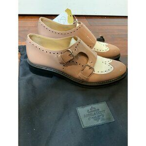 The Office of Angela Scott Beige Patent Leather Wingtip Shoes, Size 7.5 | 37.5